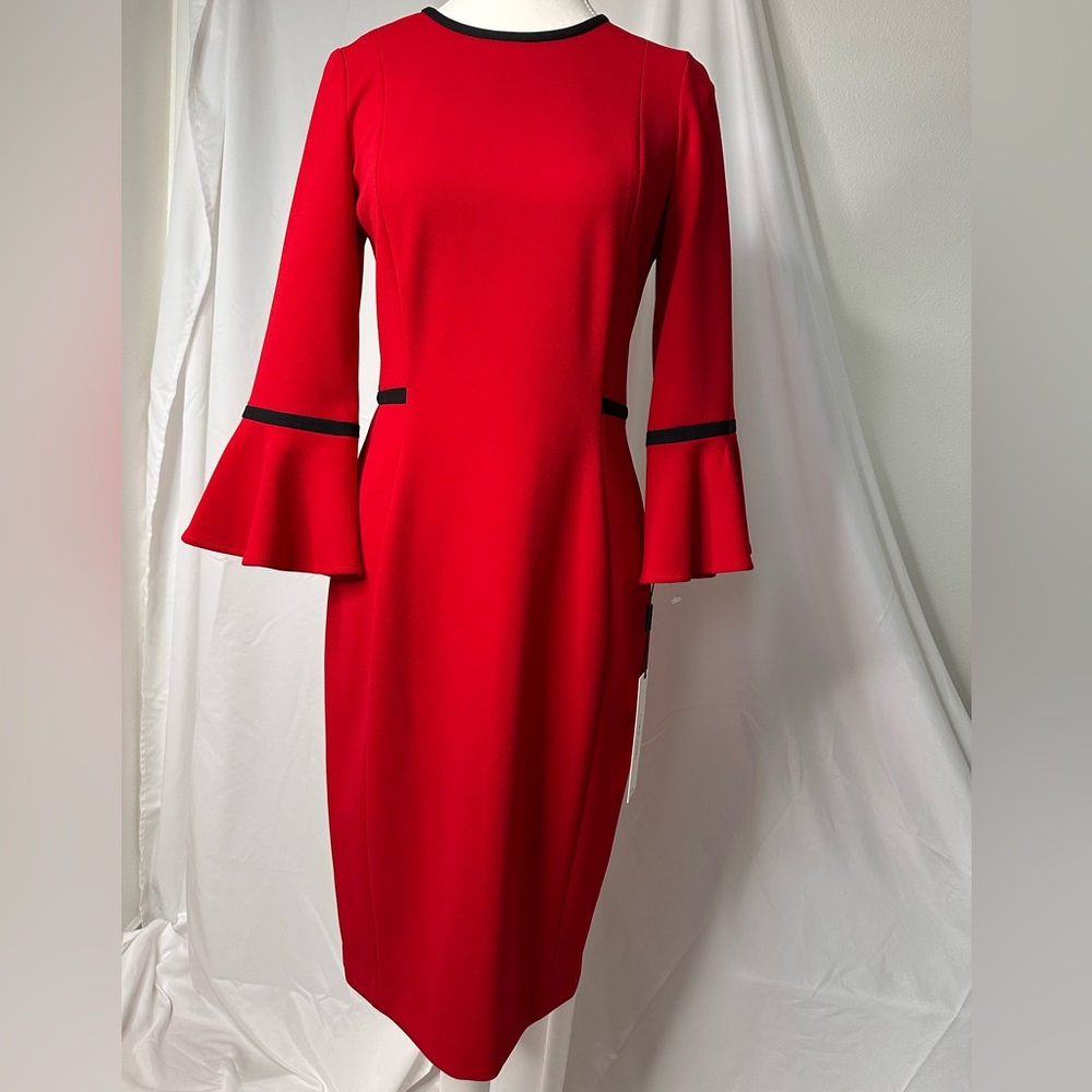 Calvin Klein Red Sheath Dress 3/4 Bell Sleeve Size 4